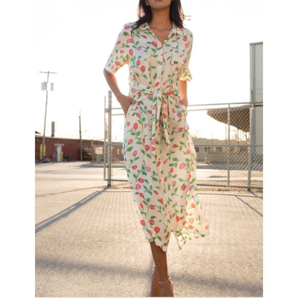 Hofmann Copenhagen Gabriella Dress Floral Print Short Sleeves Cream Size 8